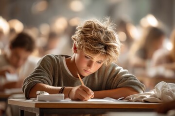 Focused young caucasian male child writing in classroom setting