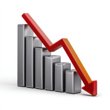 Declining graph with red arrow pointing down isolated on white background.