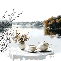 Serene lakeside tea setting with blooming branches and distant scenery.