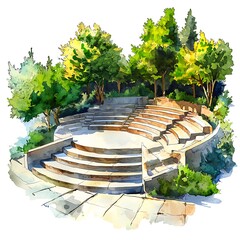 Outdoor Amphitheater Seating Surrounded by Lush Green Trees.