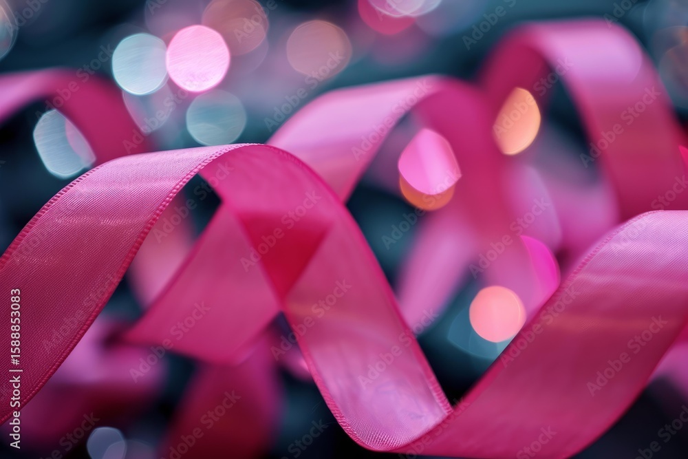 Poster pink satin ribbon creating elegant curves against a backdrop of sparkling bokeh lights, perfect for 