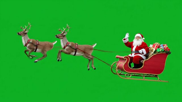 Santa waves atop his sleigh pulled by two flying reindeer against a green background Gifts are in the sleigh