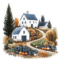 Autumn farm scene with white barns and harvest pumpkins.