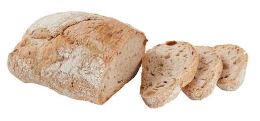 Whole grain baked bread cut out isolated transparent background