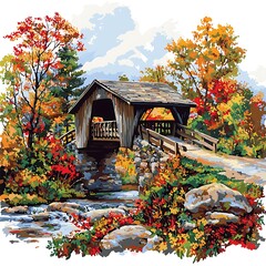 Picturesque Covered Bridge Surrounded by Vivid Autumn Foliage and a Stream.