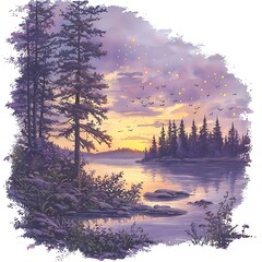 Serene Lake and Forest at Sunset with Flying Birds and Glowing Lights.