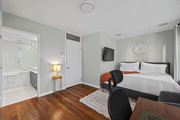 Modern luxury bedroom interior in minimal scandinavian style, 3d render
