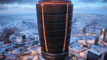 Futuristic Cityscape Cylindrical Skyscraper in Snowy Twilight