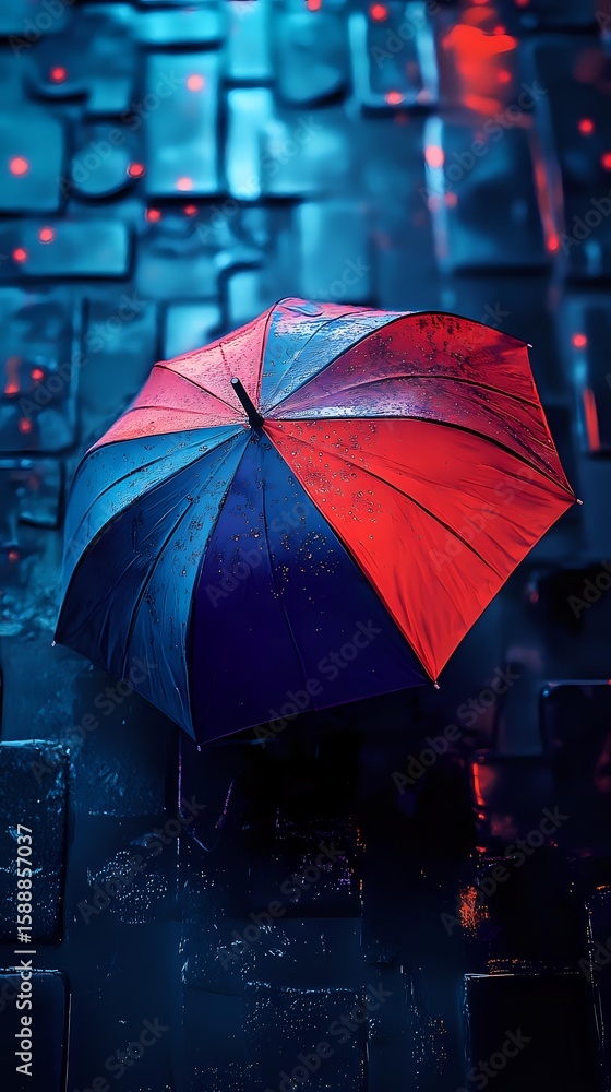 Aufkleber red and blue umbrella against dark moody background with rain drops and bokeh lights creating atmosp