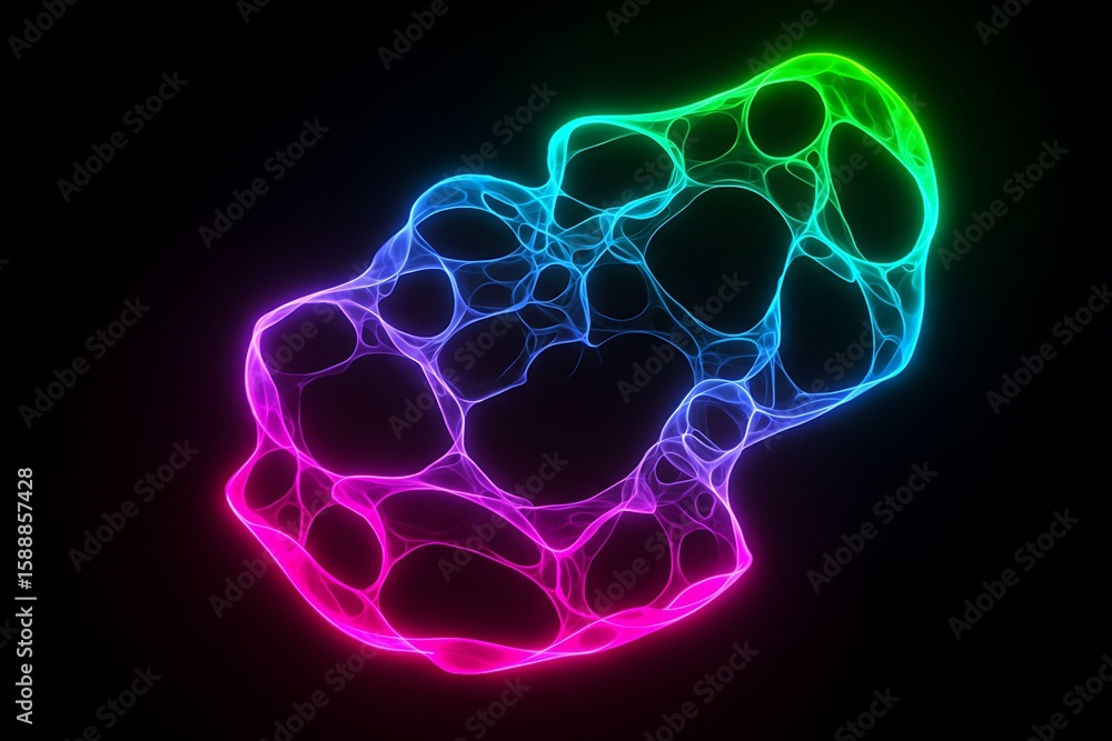 Poster abstract glowing shape with interconnected lines and gradient colors on a black background
