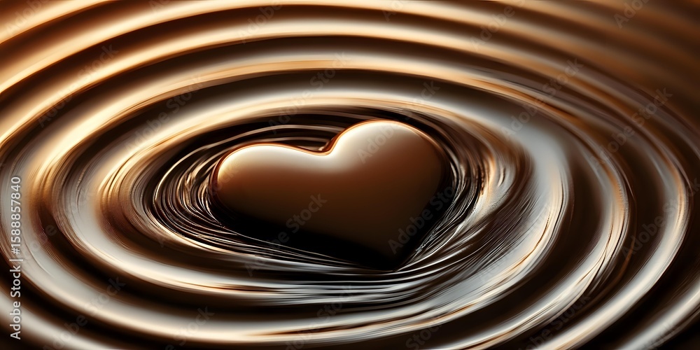 Poster heart shape formed in swirling liquid chocolate with concentric ripples creating dynamic movement an