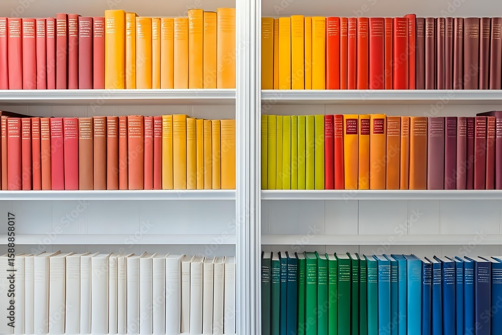 Poster books arranged by color on white shelves creating rainbow spectrum pattern from red through yellow t