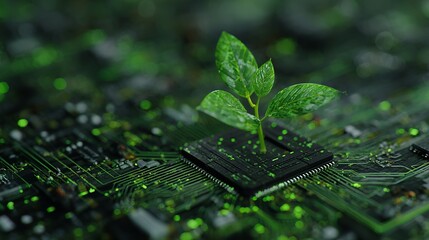 Vibrant green sprout thriving on futuristic electronic circuit board, symbolizing innovative green technology and sustainable digital solutions, showcasing growth.