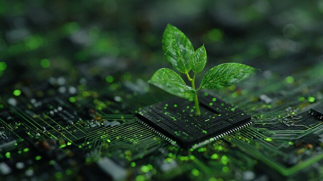 Vibrant green sprout thriving on futuristic electronic circuit board, symbolizing innovative green technology and sustainable digital solutions, showcasing growth.