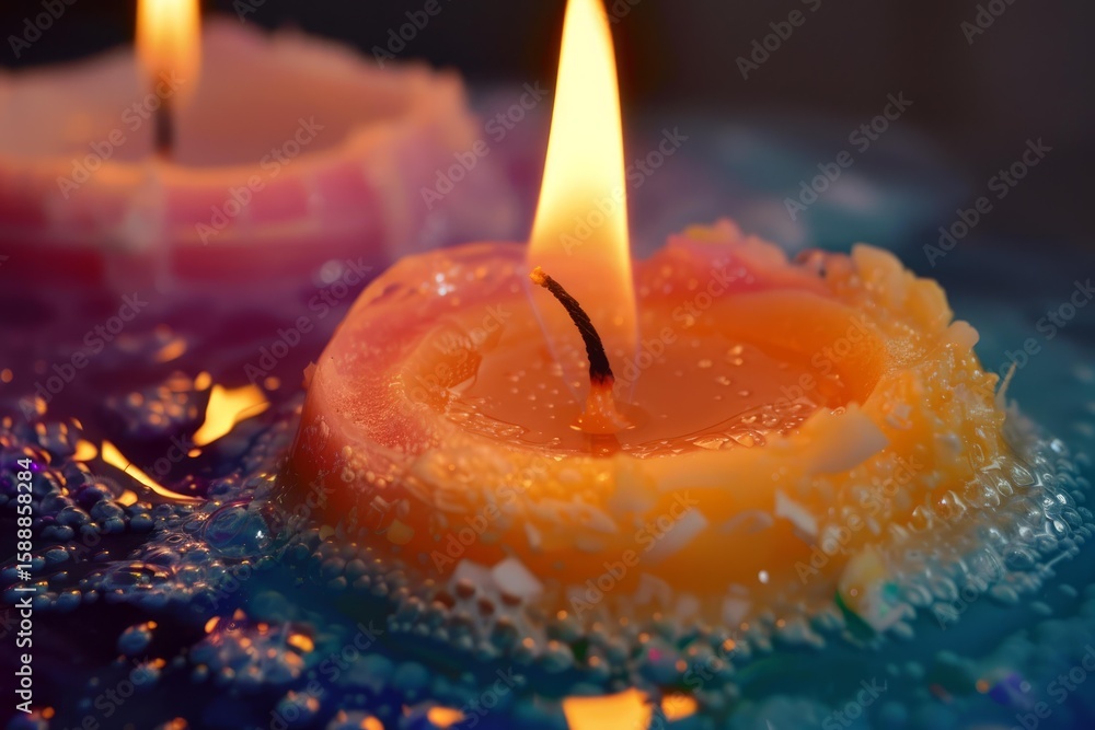 Poster close up of a small lit candle floating on bubbling water with another candle in the background, cre