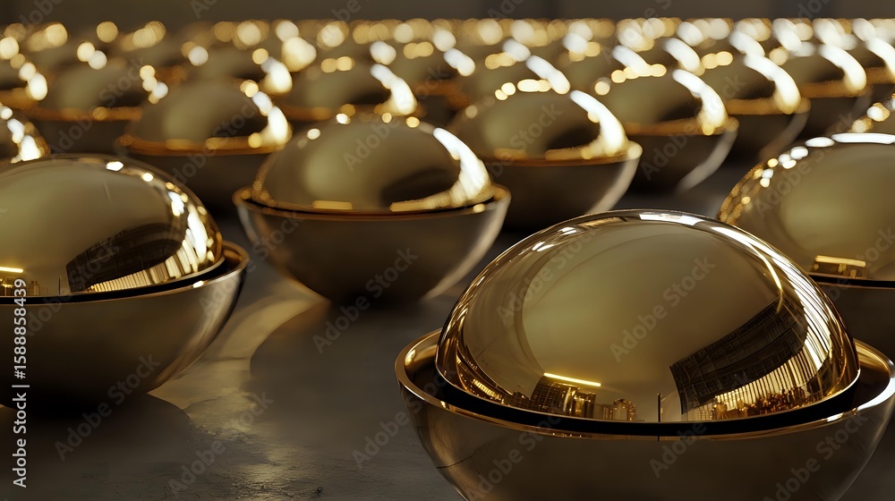 Poster rows of luxurious metallic spheres in dark bronze bowls creating elegant reflective pattern on textu