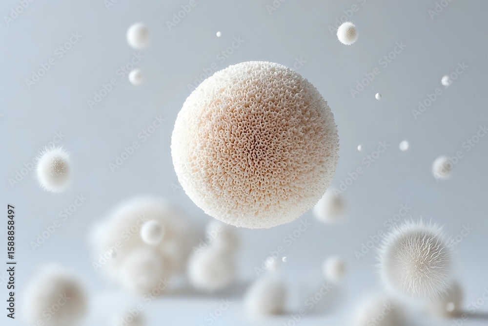 Poster floating white spherical particles with fuzzy textured surface against light gray background. macro 