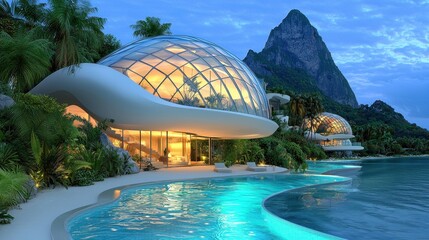 Futuristic Dome House on Tropical Beach at Dusk