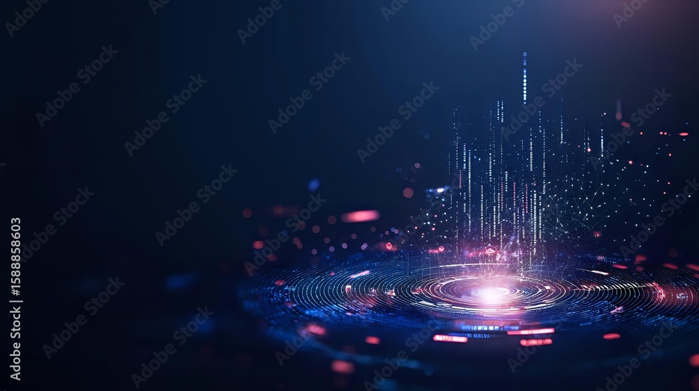 Poster futuristic digital city skyline emerging from glowing circular platform with light beams and particl