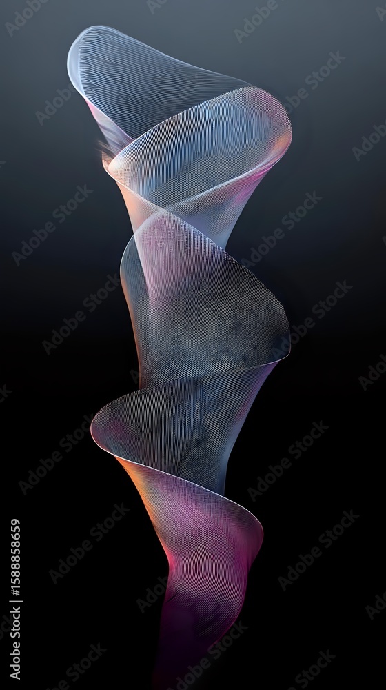 Poster abstract spiral wave form in pink and purple hues against dark background, featuring delicate mesh t