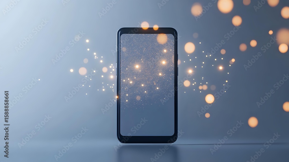 Aufkleber smartphone screen emitting magical glowing particles and bokeh lights against blue background, creat