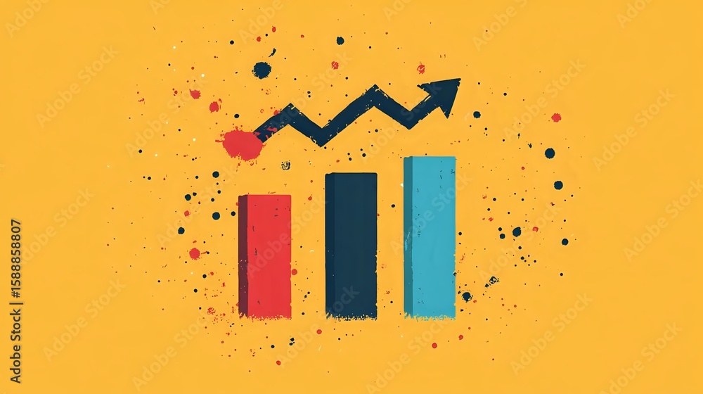 Poster growing bar chart with upward arrow trend on yellow background with scattered paint splatter effect 