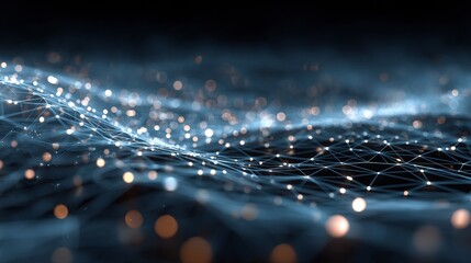 Futuristic abstract network with glowing nodes, interconnected web, data visualization, cyberspace, artificial intelligence, blue tones, sophisticated design.
