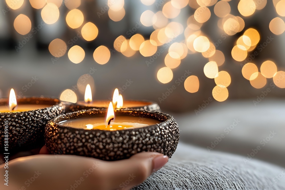Poster glowing candles in decorative holders against blurred golden bokeh lights create cozy atmosphere. ro