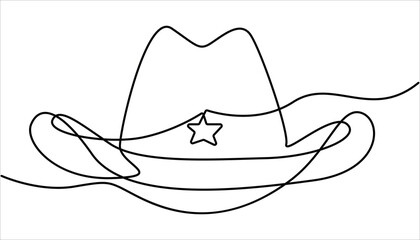 Continuous single drawn one line men hat, one line drawing of cowboy hat. cowboy hat continuous one line drawing, Boater Hat Continuous Line Icon, Woven straw hat continuous one line drawing.