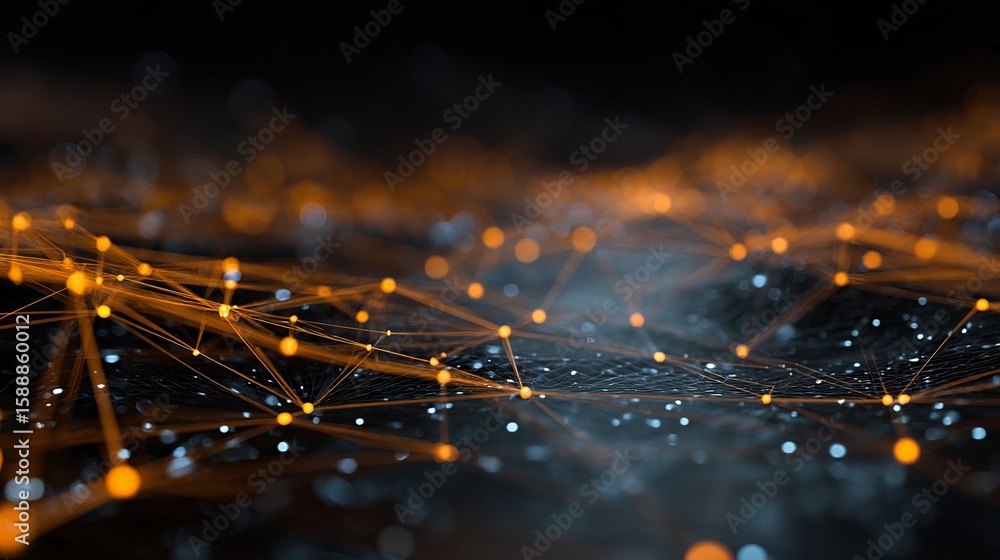 Poster abstract network of glowing nodes interconnected by bright orange lines on a dark background for tec