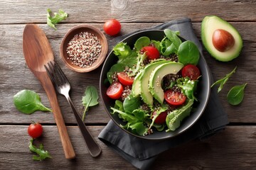 Fresh avocado salad with quinoa, cherry tomatoes, and leafy greens on rustic table