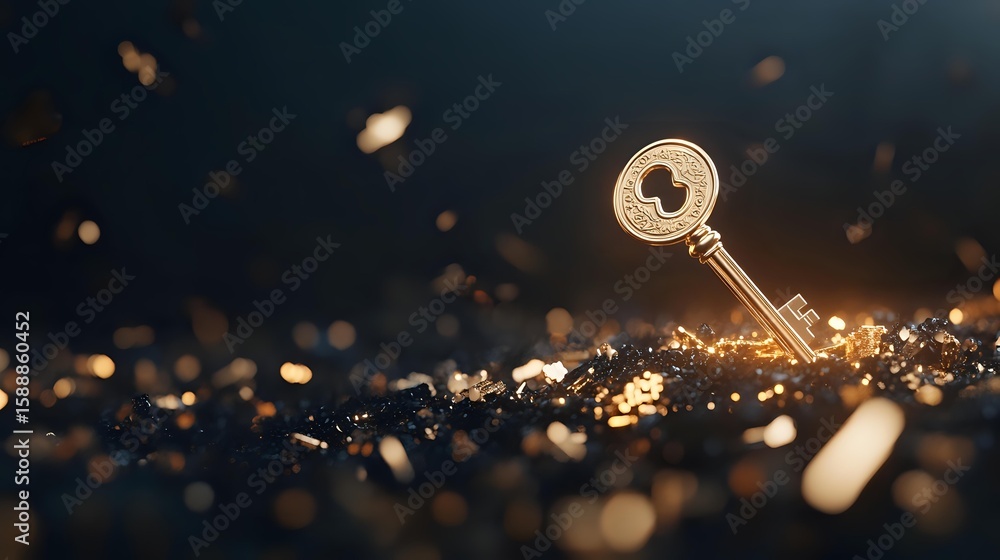 Poster golden vintage key lying on dark glittering surface with magical bokeh lights and sparkles creating 