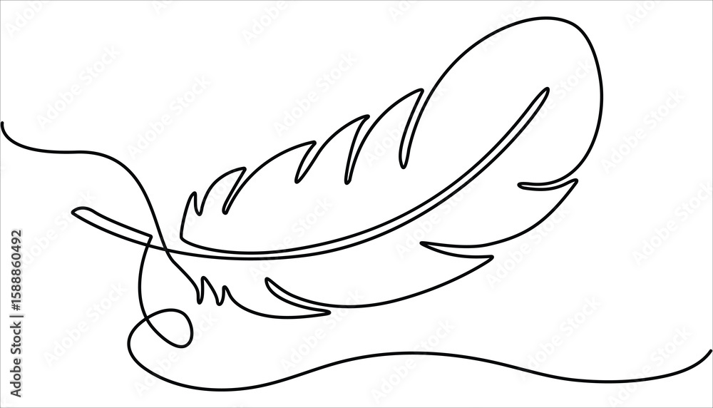 Poster continuous one line drawing of bird feather isolated on white background, continuous line drawing of