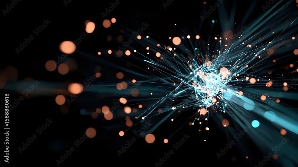 Poster glowing blue fiber optic strands emit bright light rays with orange bokeh effects against dark backg