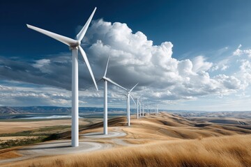 Wind turbines on rolling hills under dramatic cloudy sky