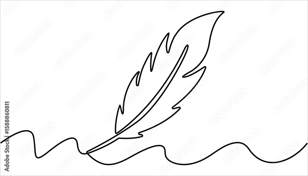 Poster continuous one line drawing of bird feather isolated on white background, continuous line drawing of