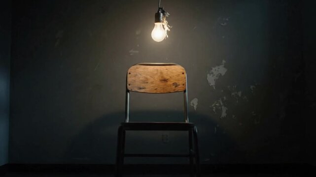 Flickering Lightbulb Over Empty Chair in Interrogation Room, Symbolizing Untold Stories and Hidden Crimes