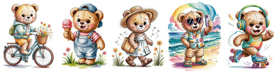 Set of cute teddy bear characters in summer clothes doing activities like biking, taking selfies, skating, eating ice cream. Watercolor style, isolated on transparent background,  t-shirt design