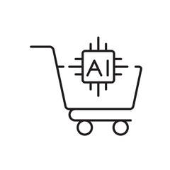 A vector icon of a shopping cart with an AI chip, representing smart shopping and artificial intelligence in retail, created in line style with editable stroke
