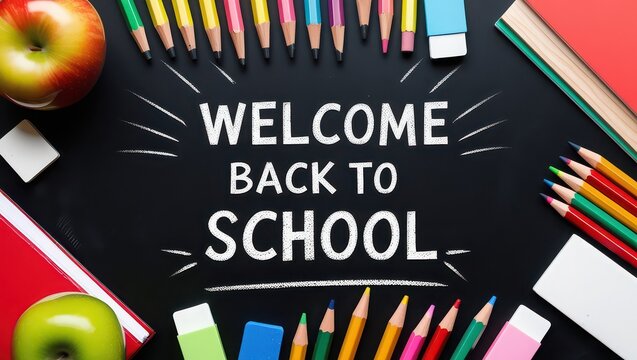 Welcome back to school text on chalkboard with pencils apples books and erasers arranged around it
