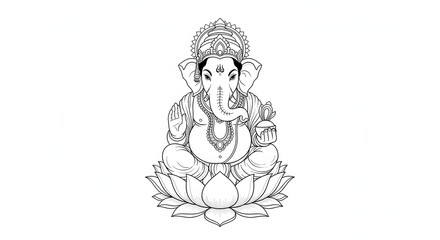 Obraz premium Serene Line Art Illustration of Ganesha Seated on Lotus, Hindu Deity, Spiritual, Peaceful, Black and White Design.