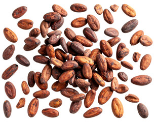 Obraz premium Top View of Scattered Cocoa Seeds with Floating Effect – Transparent PNG Cutout