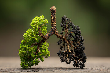 Healthy green lung versus damaged black lung showing the impact of smoking and air pollution on respiratory health.