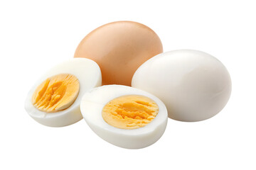 Whole boiled eggs sliced halves breakfast food white yellow