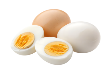 Whole boiled eggs sliced halves breakfast food white yellow