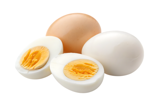 Whole boiled eggs sliced halves breakfast food white yellow