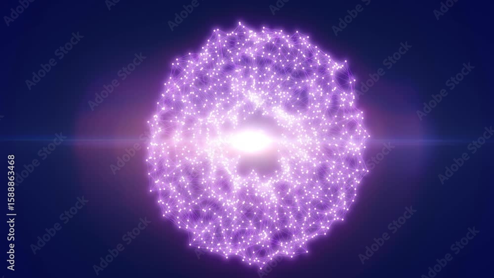 Poster Vivid violet digital sphere composed of glowing nodes and connecting lines, evoking sci-fi neural networks and data flow