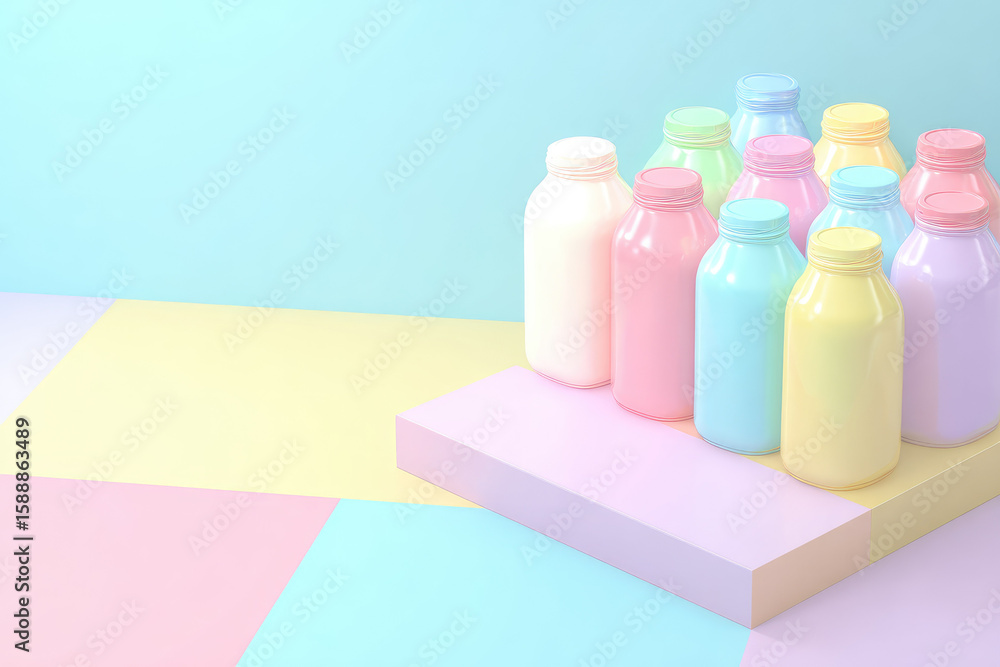 Poster pastel bottle blank platform product jar soft color minimal design modern display creative arrangeme