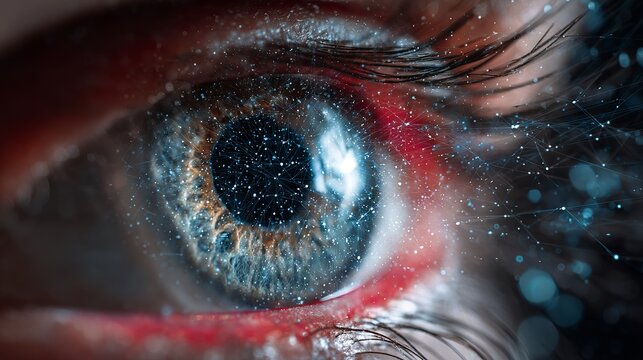 Close-up human eye with connecting network, showcasing concepts like future technology, connectivity, big data, artificial intelligence, and science. - Powered by Adobe