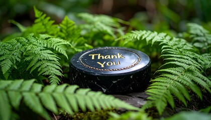 Sleek Marble Message: A polished black marble slab engraved with "Thank You" in gold cursive, reflecting ambient light, surrounded by delicate ferns, captured in sharp focus.